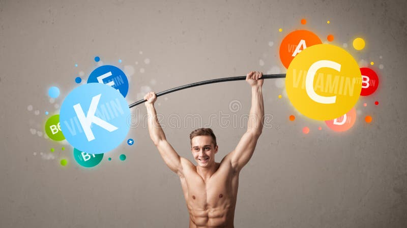 Homem muscular que levanta pesos coloridos da vitamina imagens de stock royalty free Homem muscular que levanta pesos coloridos da vitamina imagens de stock royalty free