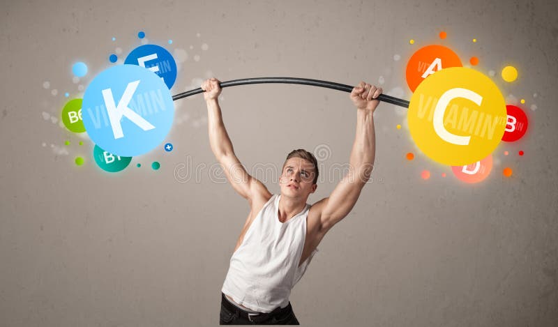 Homem muscular que levanta pesos coloridos da vitamina fotografia de stock Homem muscular que levanta pesos coloridos da vitamina fotografia de stock