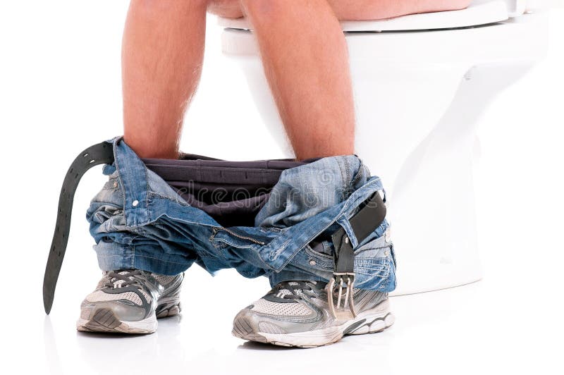 Man is sitting on the toilet bowl, on white background. Man is sitting on the toilet bowl, on white background