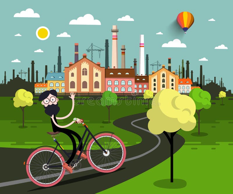 Homem na bicicleta com industrial ilustração do vetor Homem na bicicleta com industrial ilustração do vetor
