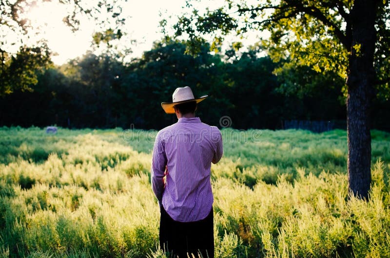 Homem no chapéu de vaqueiro que olha afastado sobre o campo rural foto de stock Homem no chapéu de vaqueiro que olha afastado sobre o campo rural foto de stock
