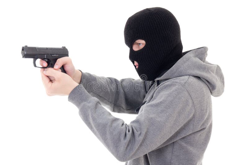 Homem no tiro da máscara com a arma isolada no branco imagens de stock royalty free Homem no tiro da máscara com a arma isolada no branco imagens de stock royalty free