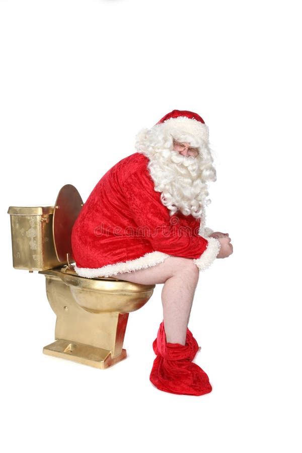 Homem no traje de Santa que senta-se em um toalete dourado foto de stock royalty free Homem no traje de Santa que senta-se em um toalete dourado foto de stock royalty free
