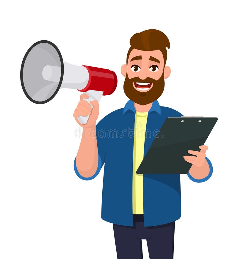 Homem novo alegre que guarda um megafone ou um altifalante e uma prancheta, documento, relatório à disposição Expressão facial da ilustração do vetor