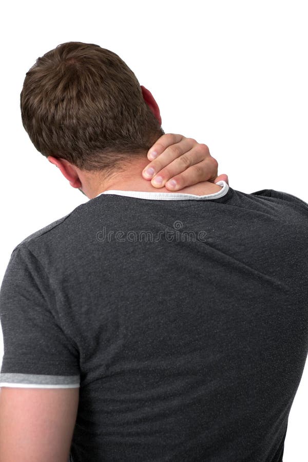 Jovem com dor no pescoço imagens de stock