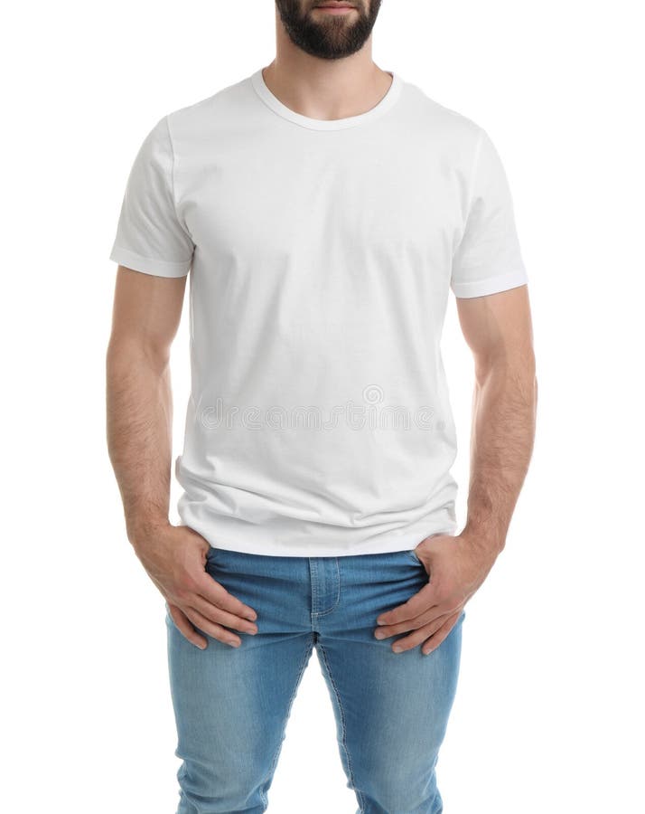 Homem novo no t-shirt no fundo branco fotos de stock Homem novo no t-shirt no fundo branco fotos de stock