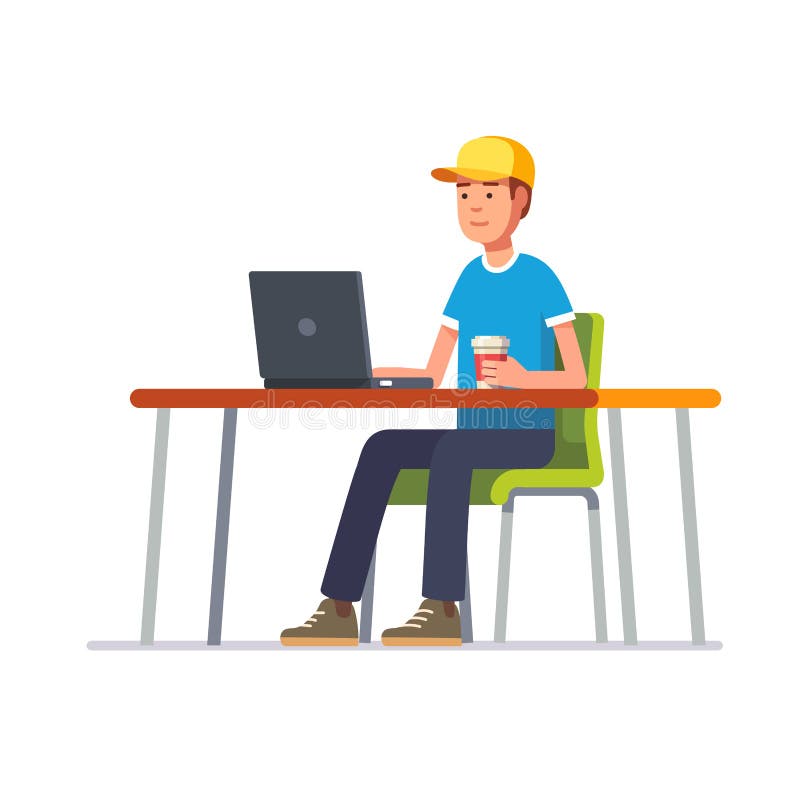 Homem novo no tampão que trabalha em sua mesa de escritório limpa ilustração royalty free Homem novo no tampão que trabalha em sua mesa de escritório limpa ilustração royalty free