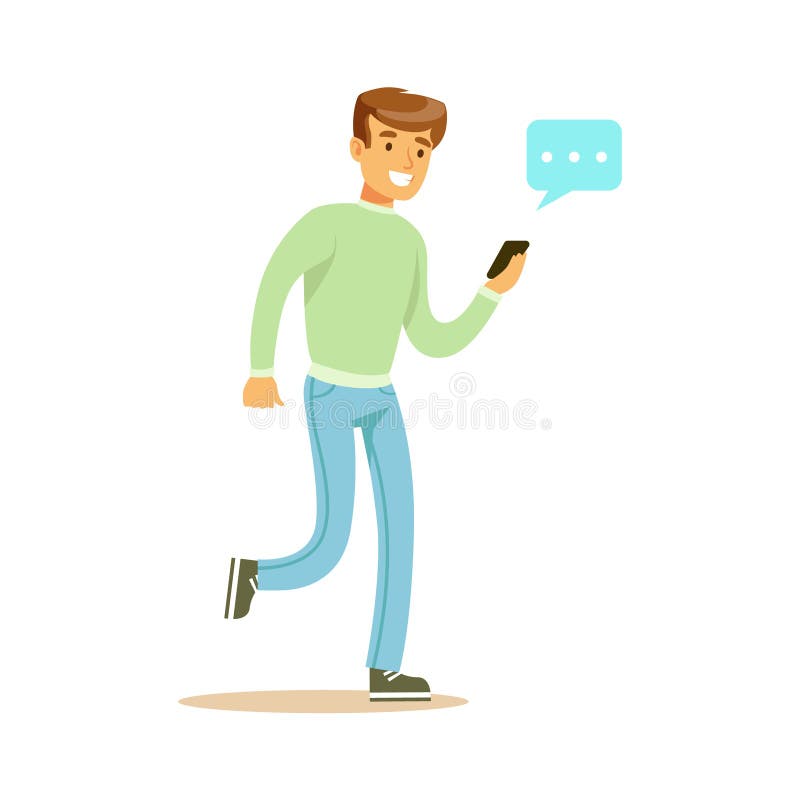 Homem novo que anda e que envia uma mensagem a alguém que usa sua ilustração colorida do vetor do caráter do smartphone ilustração stock Homem novo que anda e que envia uma mensagem a alguém que usa sua ilustração colorida do vetor do caráter do smartphone ilustração stock