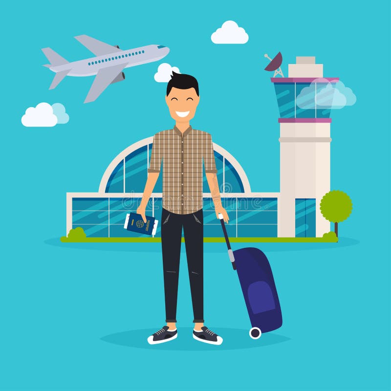 Homem novo que viaja com saco do curso, guardando o passaporte e o bilhete ilustração royalty free Homem novo que viaja com saco do curso, guardando o passaporte e o bilhete ilustração royalty free