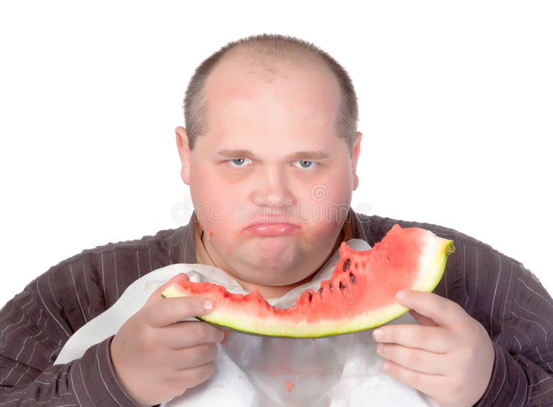 Homem obeso possessivo de seu alimento imagens de stock royalty free Homem obeso possessivo de seu alimento imagens de stock royalty free