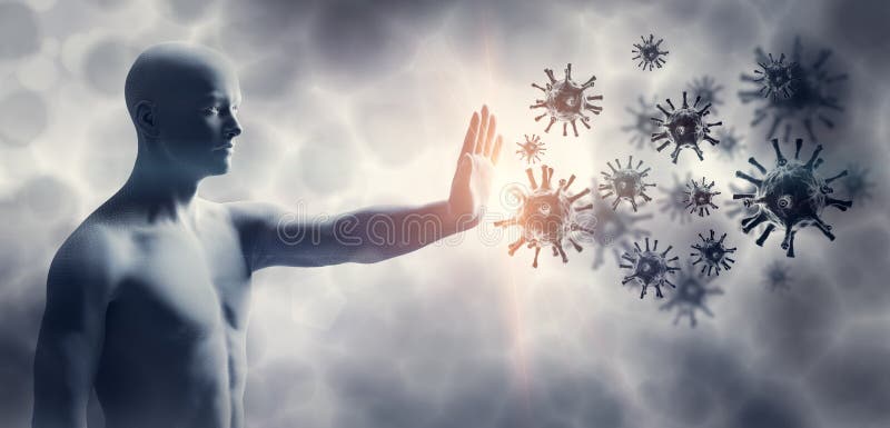 Homem parando coronavírus. sistema imunitário protegido do vírus da corona