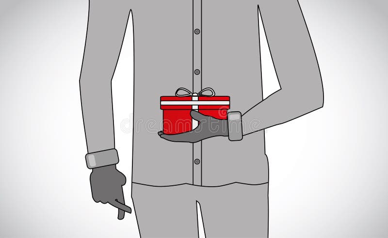 Homem profissionalmente vestido que guarda um presente da surpresa com dedo c ilustração royalty free Homem profissionalmente vestido que guarda um presente da surpresa com dedo c ilustração royalty free