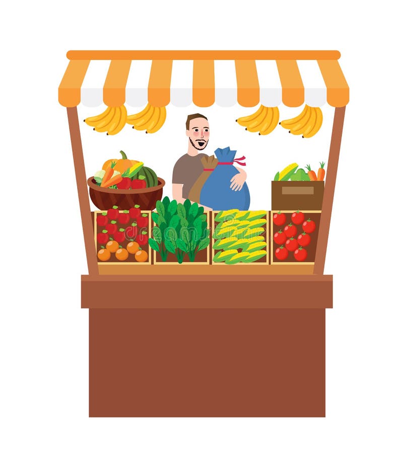 Homem que vende vegetais de frutos em produtos agrícolas do mercado de produto fresco do suporte da tenda ilustração royalty free Homem que vende vegetais de frutos em produtos agrícolas do mercado de produto fresco do suporte da tenda ilustração royalty free
