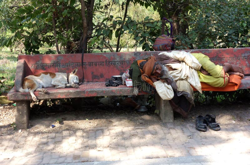 Homem santamente indiano que dorme com cão fotos de stock Homem santamente indiano que dorme com cão fotos de stock