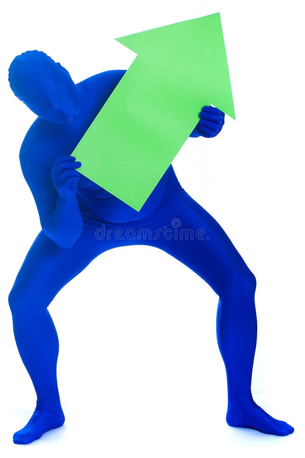 An anonymous man with a faceless, blue skin tight body suit holding a green arrow sign pointing in the up direction. An anonymous man with a faceless, blue skin tight body suit holding a green arrow sign pointing in the up direction.