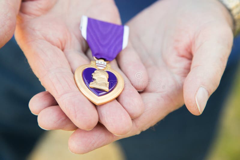 Homem superior que guarda a medalha militar de Purple Heart em suas mãos imagem de stock royalty free Homem superior que guarda a medalha militar de Purple Heart em suas mãos imagem de stock royalty free