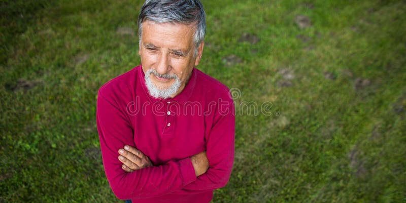 Homem superior que sega seu jardim fotografia de stock Homem superior que sega seu jardim fotografia de stock