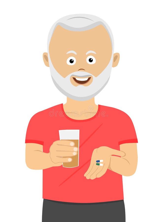 Homem superior que toma seus comprimidos que guardam o vidro da água ilustração royalty free Homem superior que toma seus comprimidos que guardam o vidro da água ilustração royalty free
