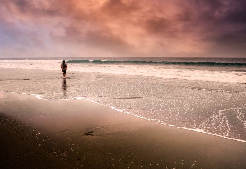 Homem só que anda na praia fotografia de stock royalty free Homem só que anda na praia fotografia de stock royalty free