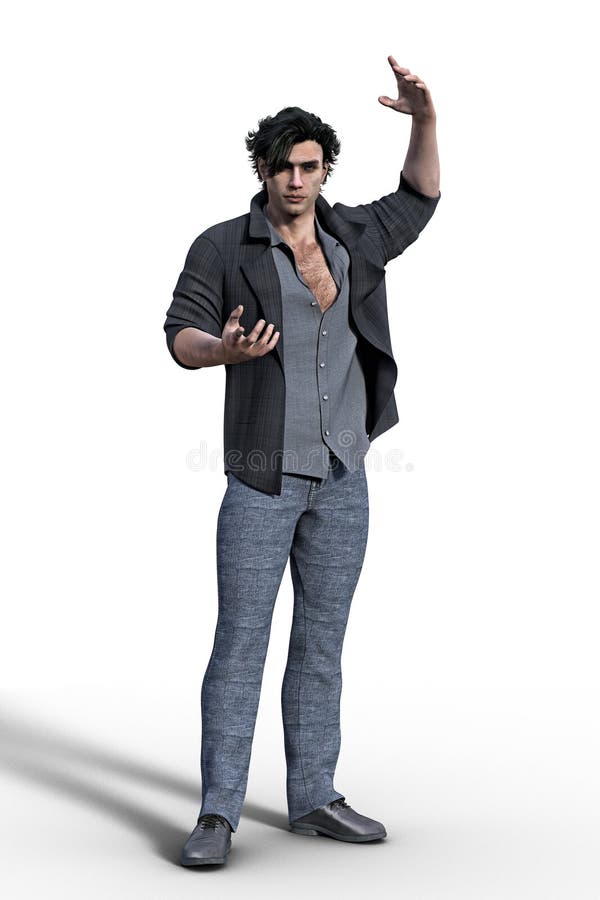 Rendering of a male contemporary urban fantasy wizard or druid style character in a magician’s pose. Rendering of a male contemporary urban fantasy wizard or druid style character in a magician’s pose