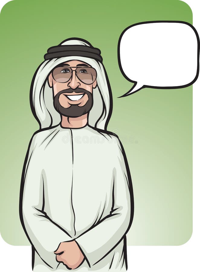 Homem árabe de sorriso estando com balão de discurso ilustração do vetor Homem árabe de sorriso estando com balão de discurso ilustração do vetor
