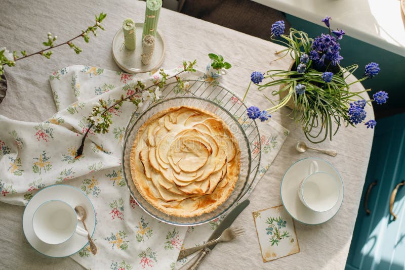 Homemade apple pie in light colors in a transparent form, high quality