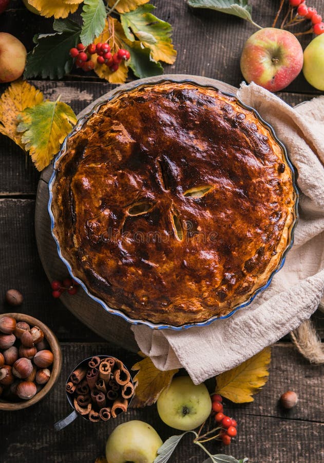 Homemade Apple Pie Surrounded by Fresh Fruits, Nuts, Apples Stock Photo Image of healthy