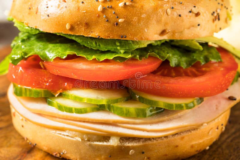 Homemade Bagel Turkey Sandwich with Lettuce Stock Image Image of