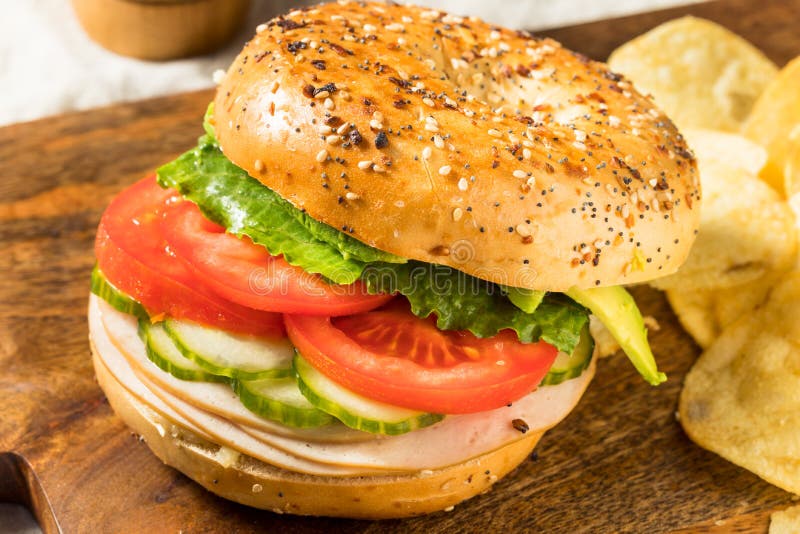 Homemade Bagel Turkey Sandwich with Lettuce Stock Image Image of meal