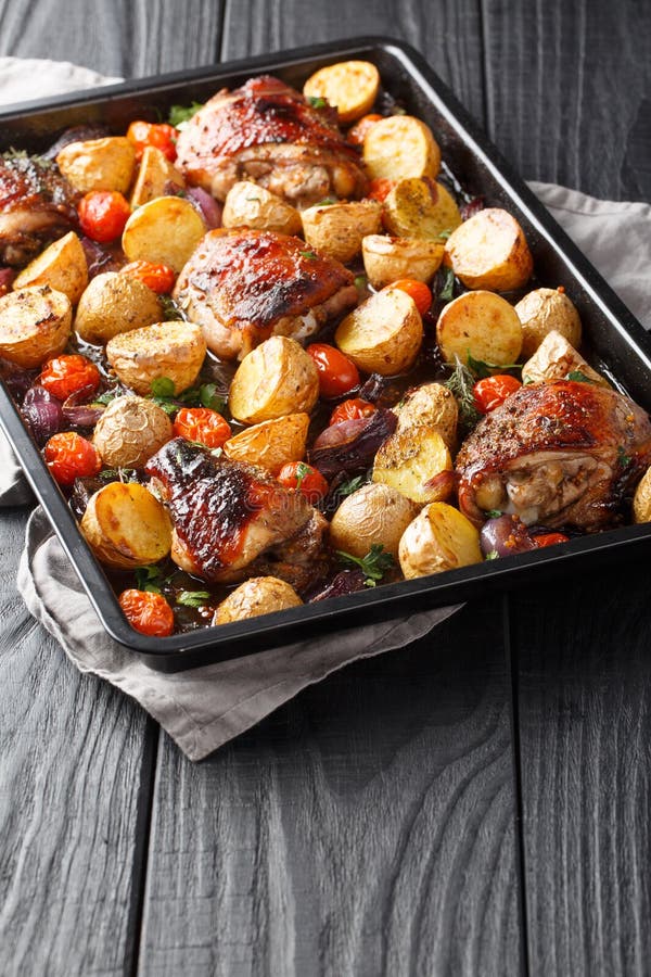 Homemade Baked Balsamic Chicken Thighs with Potatoes, Onions and