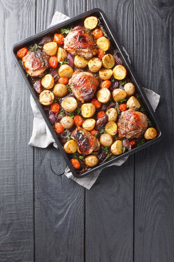 Homemade Baked Balsamic Chicken Thighs with Potatoes, Onions and