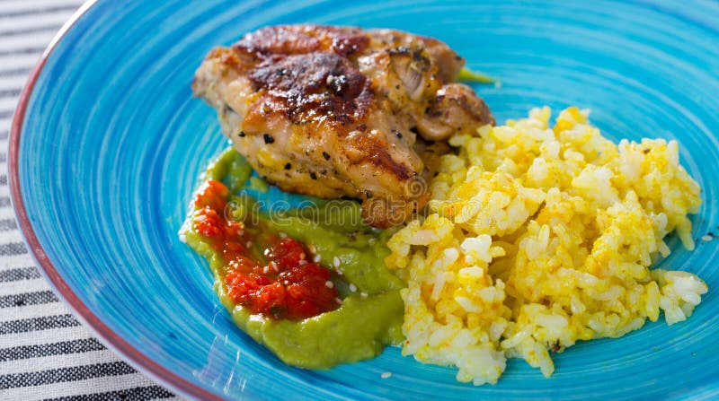 Fried Chicken Thighs with Rice Stock Image - Image of thigh, dishware