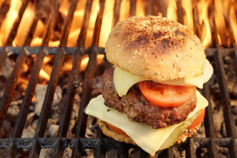 Homemade BBQ Beef Burger On The Hot Flaming Grill