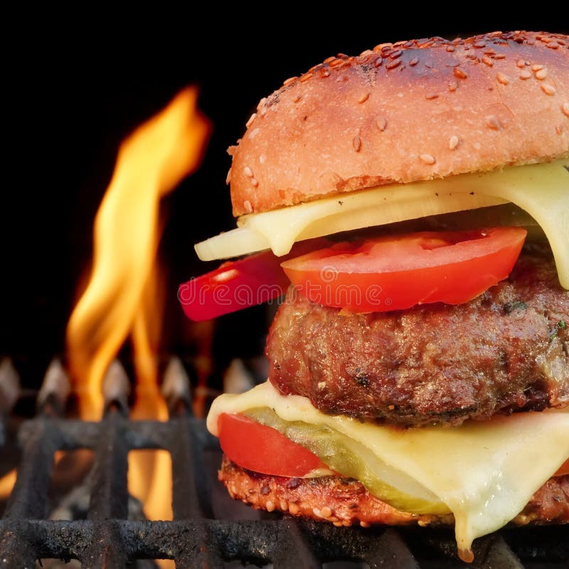 Homemade BBQ Beef Burger On The Hot Flaming Grill