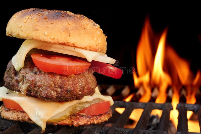 Homemade BBQ Beef Burger On The Hot Flaming Grill