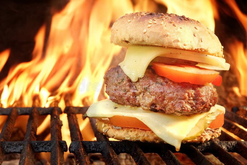 Homemade BBQ Beef Burger On The Hot Flaming Grill