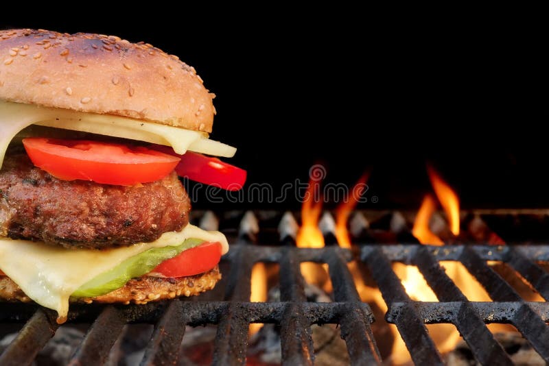 Homemade BBQ Beef Burger On The Hot Flaming Grill