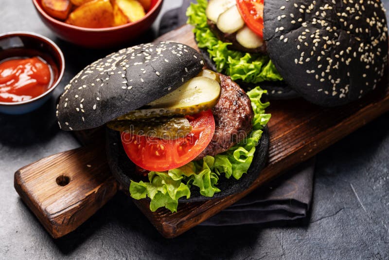 Homemade Beef Burgers with Black Buns Stock Photo Image of fries