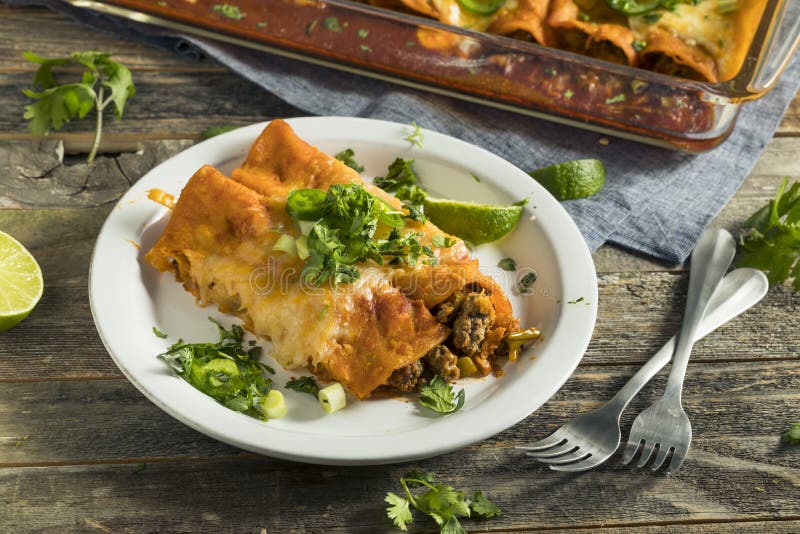 Homemade Beef Enchiladas with Red Sauce Stock Photo Image of green