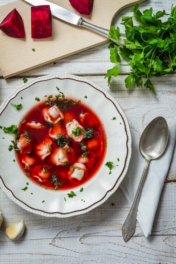 Homemade beetroot soup with dumplings made from fresh vegetables stock photography Homemade beetroot soup with dumplings made from fresh vegetables stock photography