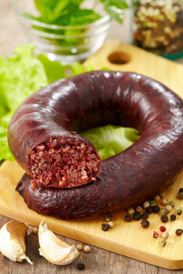 Homemade Blood Sausage with Meat and Porridge and Pork Blood. Bloody