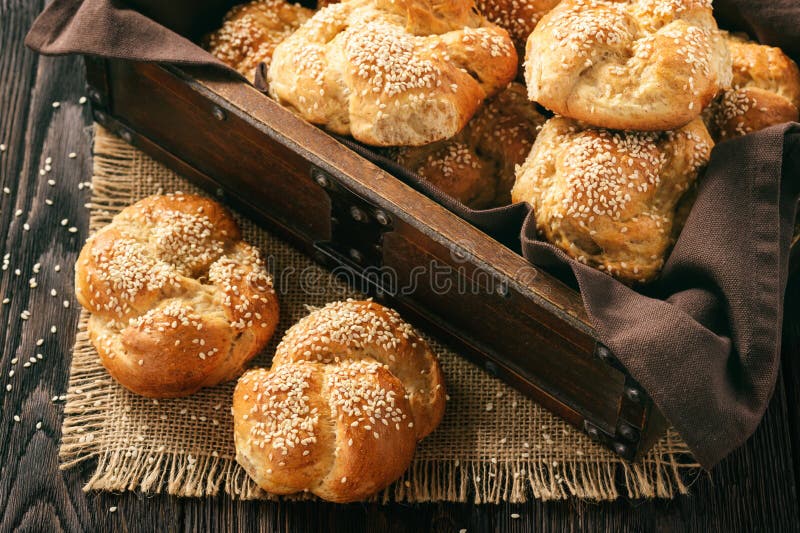 Homemade bread rolls with sesame seeds.