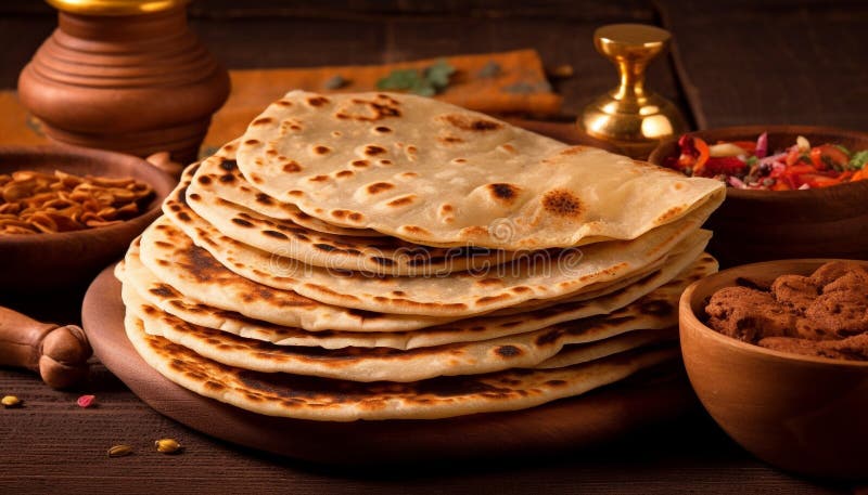 Homemade bread stack, flat pancake, healthy dessert on rustic table generated by AI royalty free stock photos