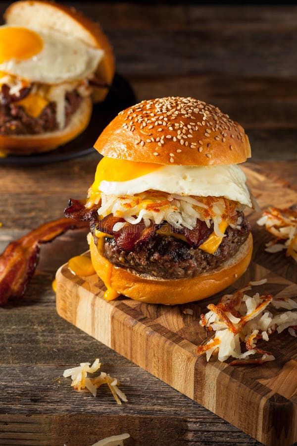Homemade Breakfast Cheeseburger with Bacon Stock Photo Image of