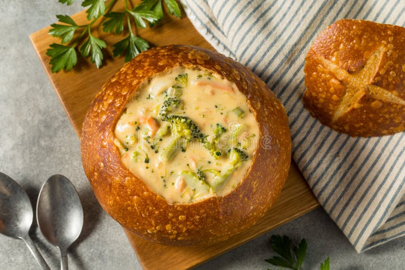 Homemade Broccoli Cheddar Soup Bread Bowl Stock Image Image of bowl