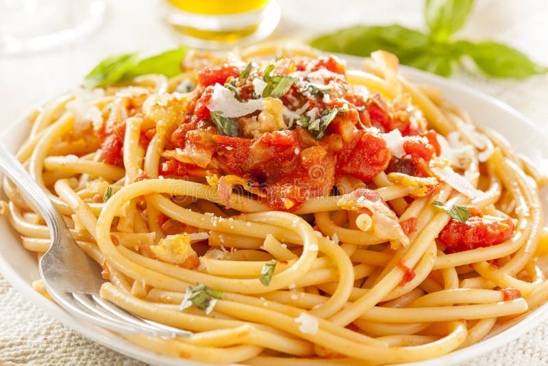 Homemade Bucatini Amatriciana Pasta Stock Photo - Image of spicy ...