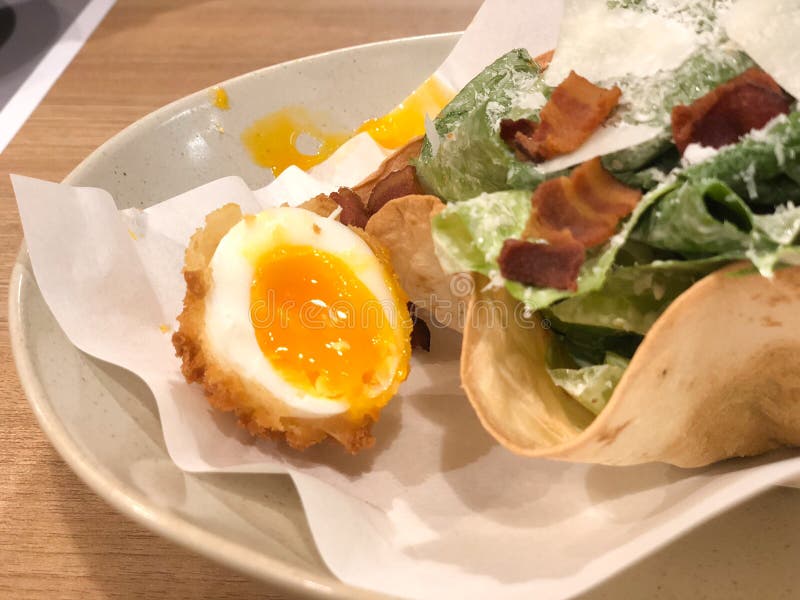 Caesar Salad with Bacon and Boiled Yolk Egg Stock Image Image of
