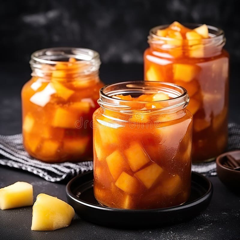 Mere caramelizate realizate în casă într-un borcan de sticlă pe fond negru. piersici pentru conserve, de casă, într-un borcan de s royalty free stock photo