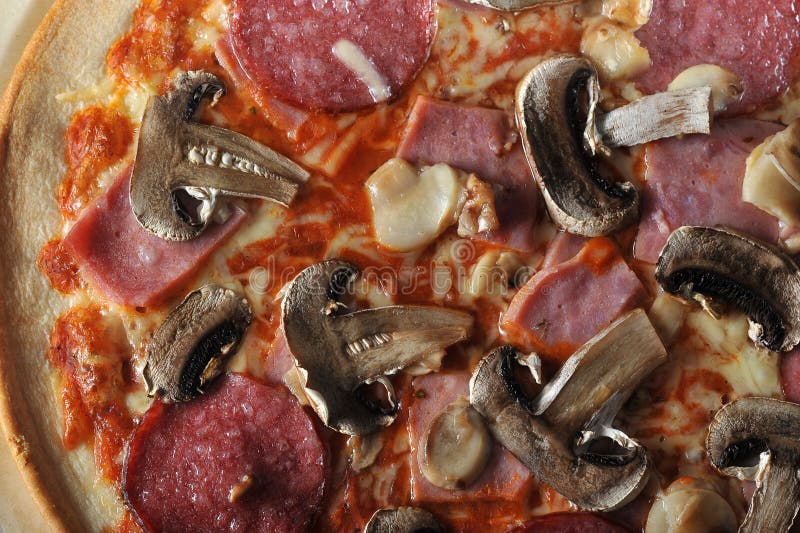 Homemade Cheese Pizza with Salami and Champignons Stock Photo - Image ...