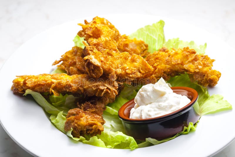 Homemade Chicken Strips with Garlic Dip Stock Photo Image of nugget